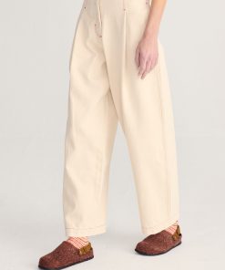 Twill Pleated Barrel Pants, Ecru